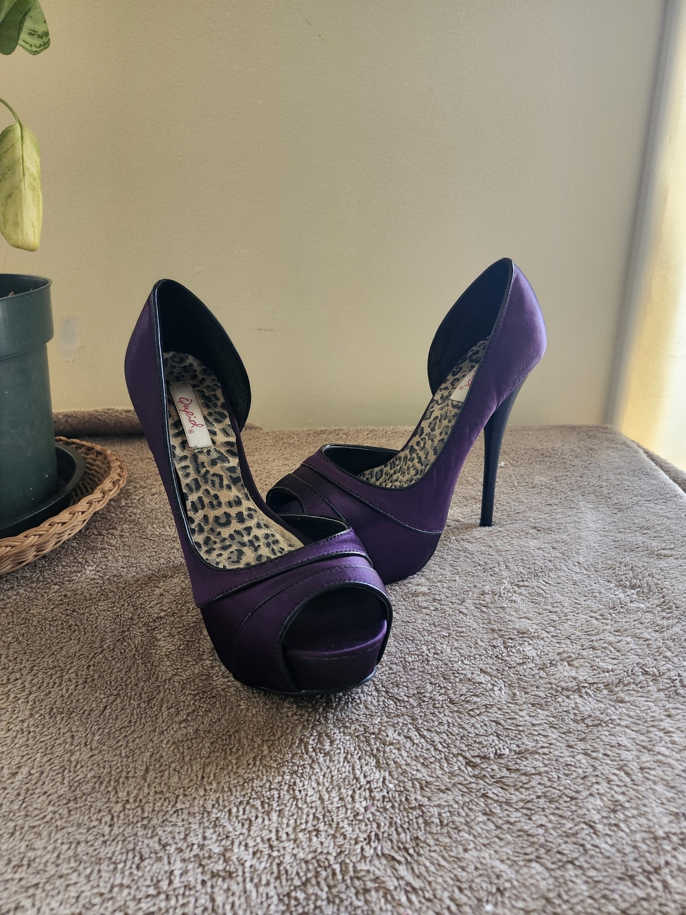 Qupid Purple Satin Peep-Toe Platform Stiletto Heels